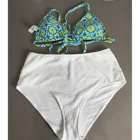aerie Other - Aerie Swim Bikini Two Piece High Waisted White Bottoms Floral Triangle Top Large